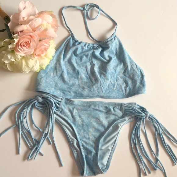 Blue Fringe bikini Blue Stonewashed Halter Bikini Light Blue Aerie Bikini Medium - Picture 1 of 16